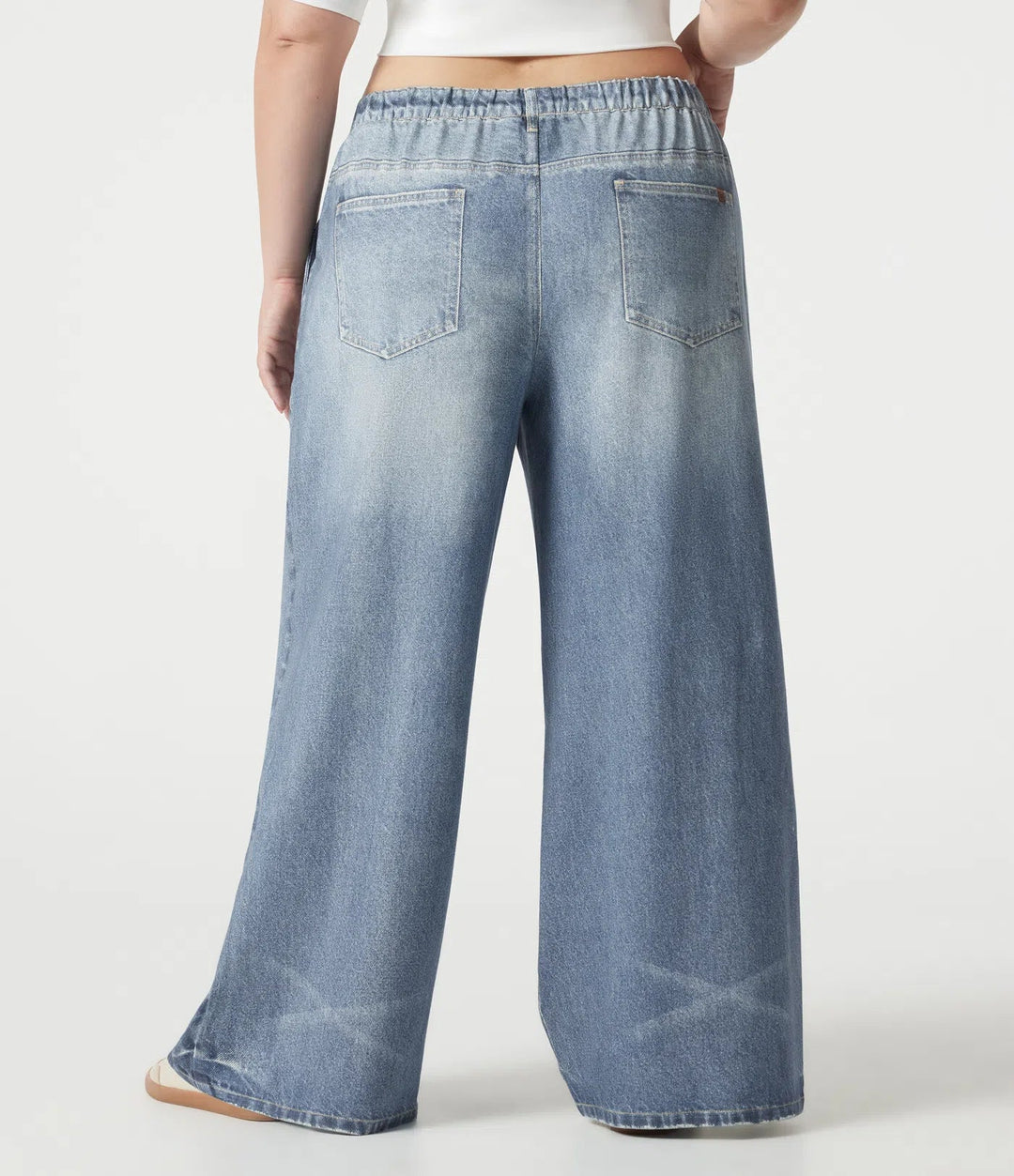 Plusstorlek medelhög midja denim mönster frotté vardaglig mjukisbyxor jeans med fickor