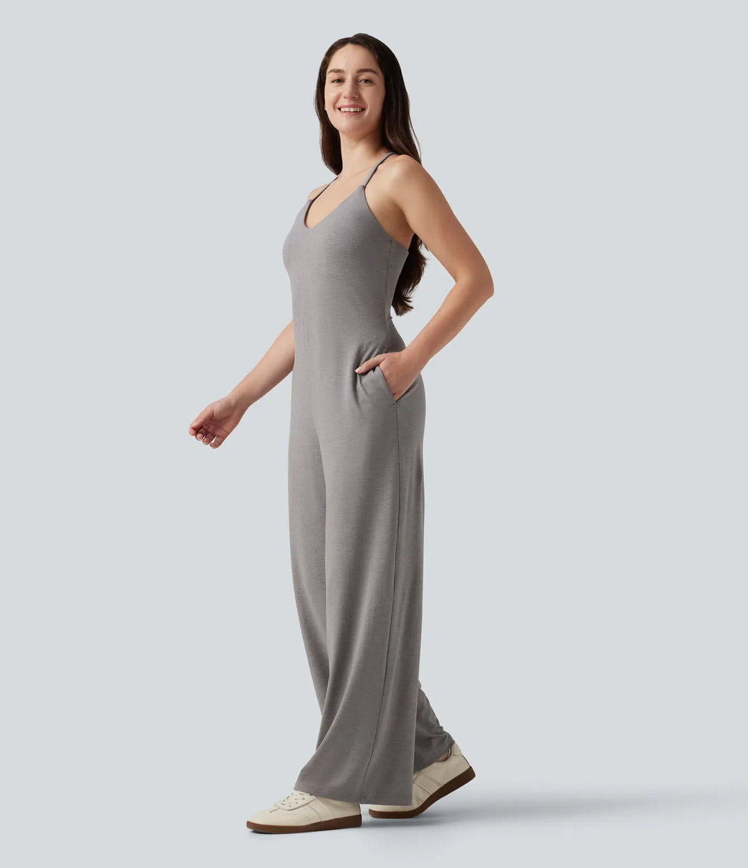 U-ringad ärmlös korsad rygg vardaglig raka ben jumpsuit med fickor