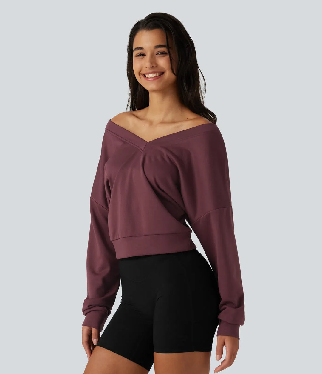 V-ringad långärmad boxig avkoppling sweatshirt