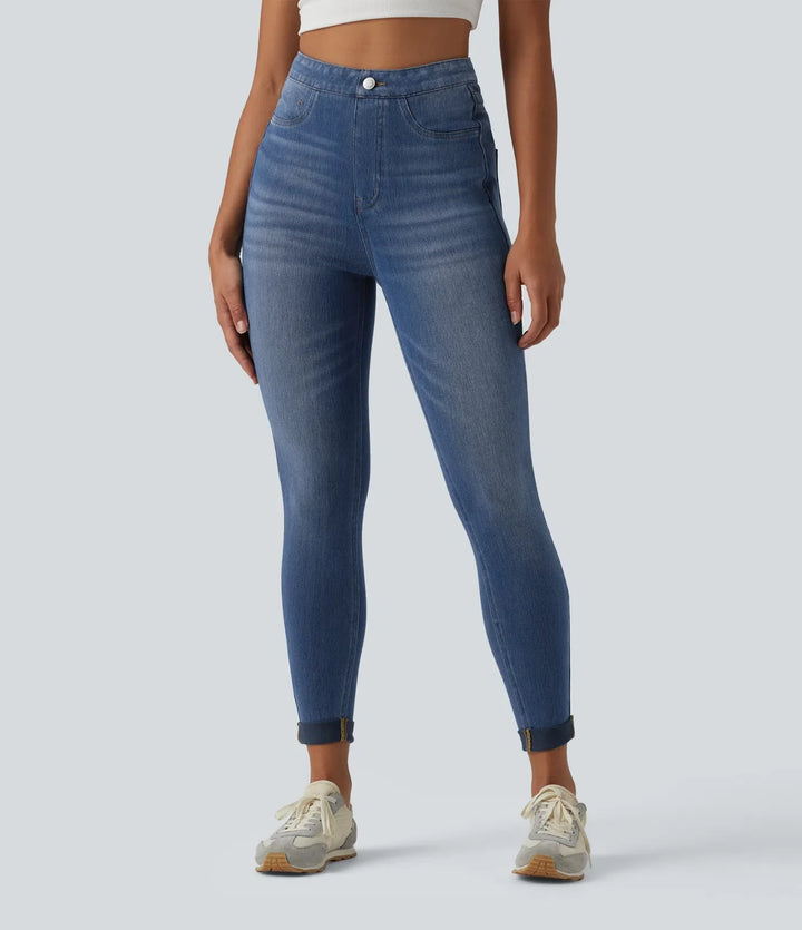 Lyckera Flex högmidjad magkontroll denim vardagsleggings med fickor