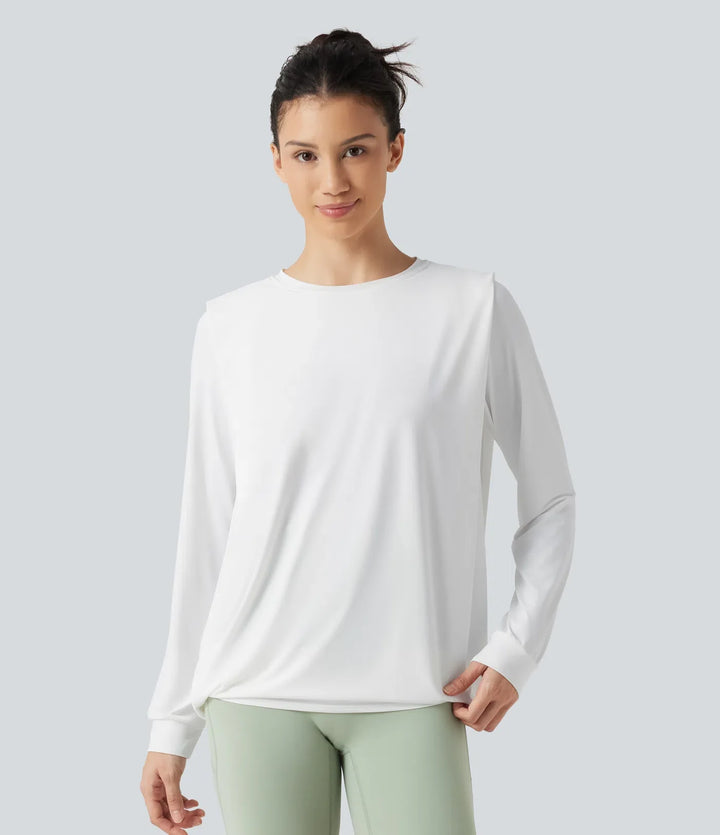 Rund hals långärmad rynkat InstantCool yogasporttopp-längre längd-UPF50+
