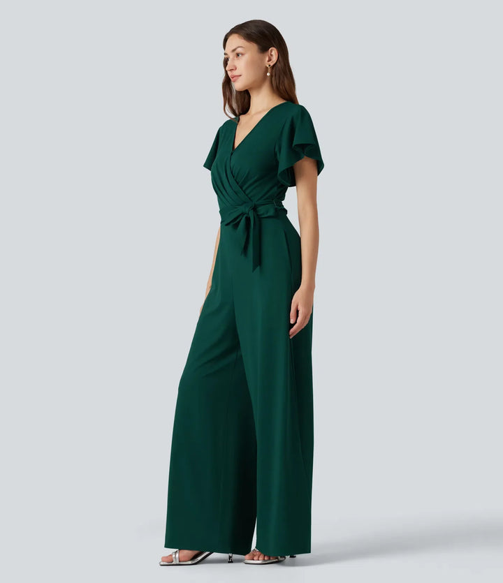 V-ringad kortärmad knytning i sidan baggy vardaglig jumpsuit med fickor-Easy Peezy Edition