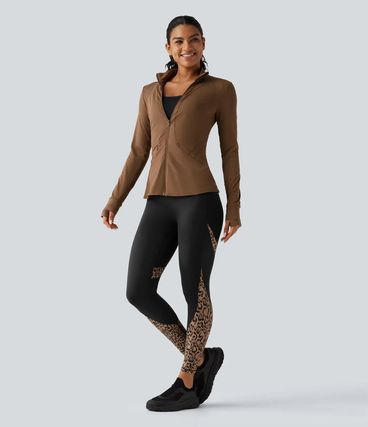 Högmidjad skinny kontrastmesh leopardmönster färgblock yogaleggings med fickor