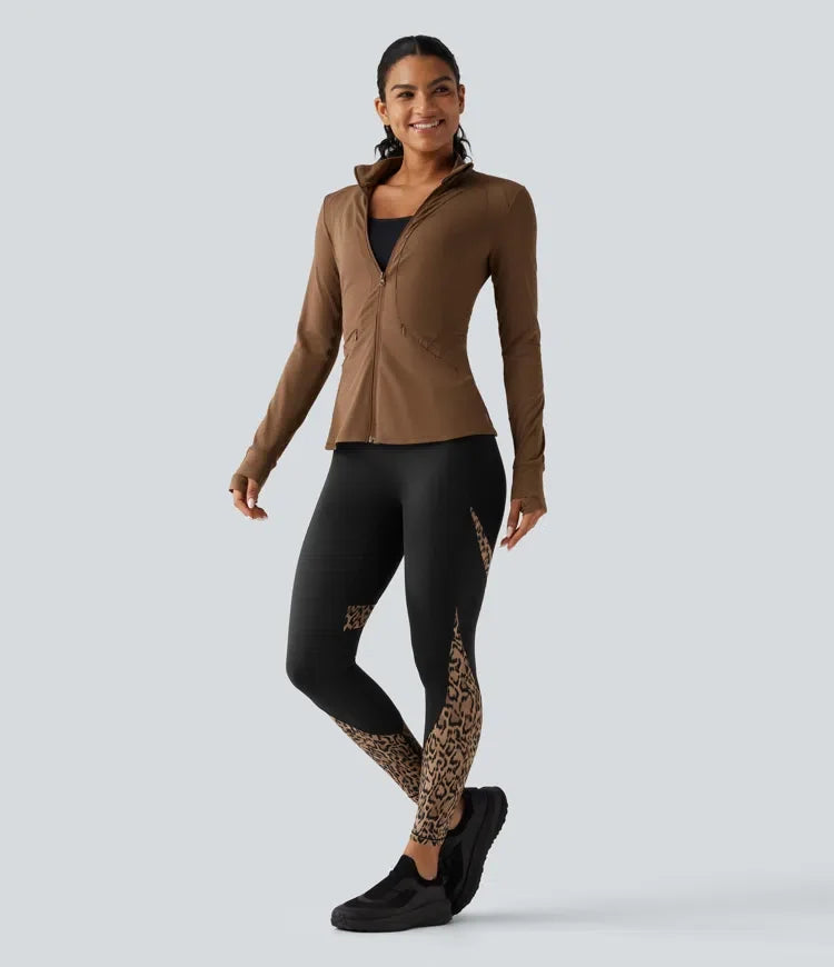 Högmidjad skinny kontrastmesh leopardmönster färgblock yogaleggings med fickor