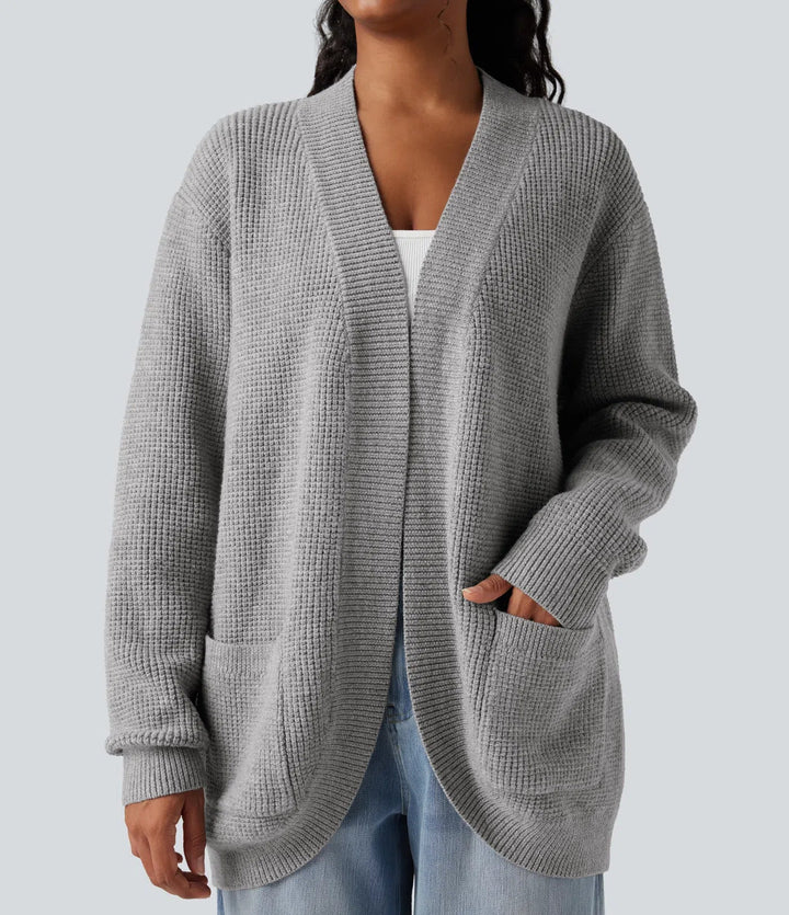 Öppen front långärmad vardaglig cardigan med fickor