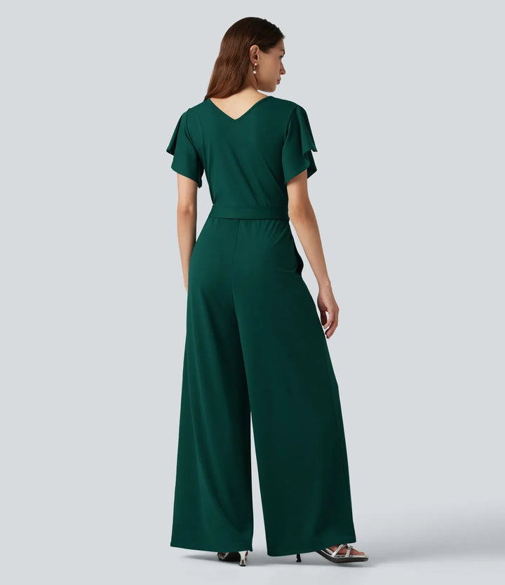 V-ringad kortärmad knytning i sidan baggy vardaglig jumpsuit med fickor-Easy Peezy Edition