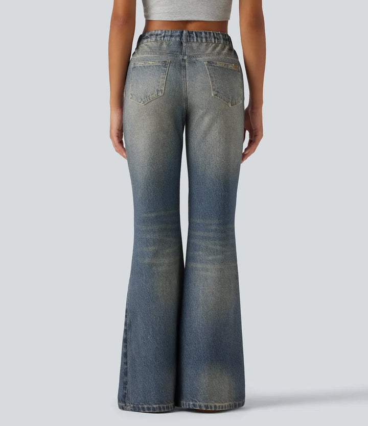 Medelhög midja denim mönster vardaglig utsvängd jeans med fickor