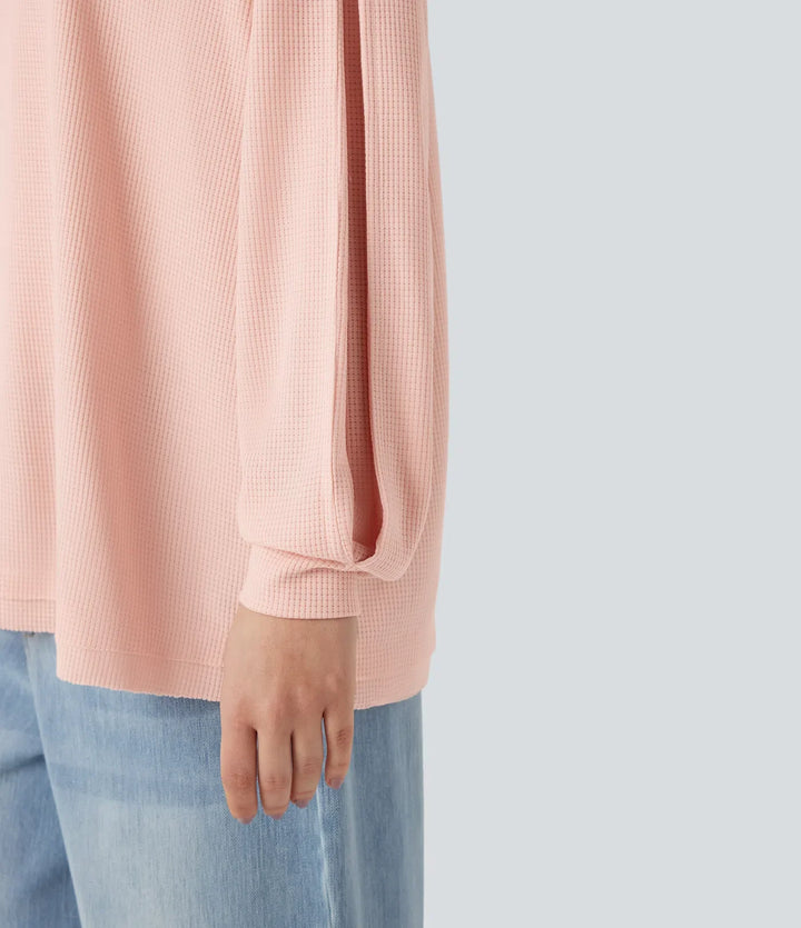Djup rund halsringning långärmad våffelstruktur vardaglig sweatshirt