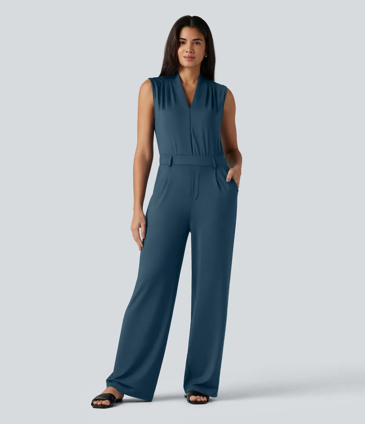 V-ringad ärmlös arbetsjumpsuit med fickor-Easy Peezy Edition