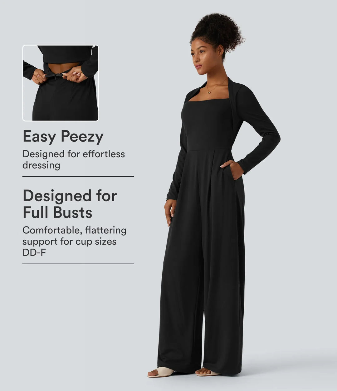 Långärmad inbyggd BH vida ben jumpsuit med fickor-Easy Peezy Edition DD-F-kupor