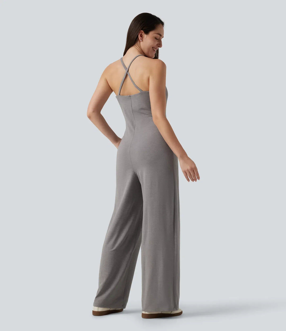 U-ringad ärmlös korsad rygg vardaglig raka ben jumpsuit med fickor