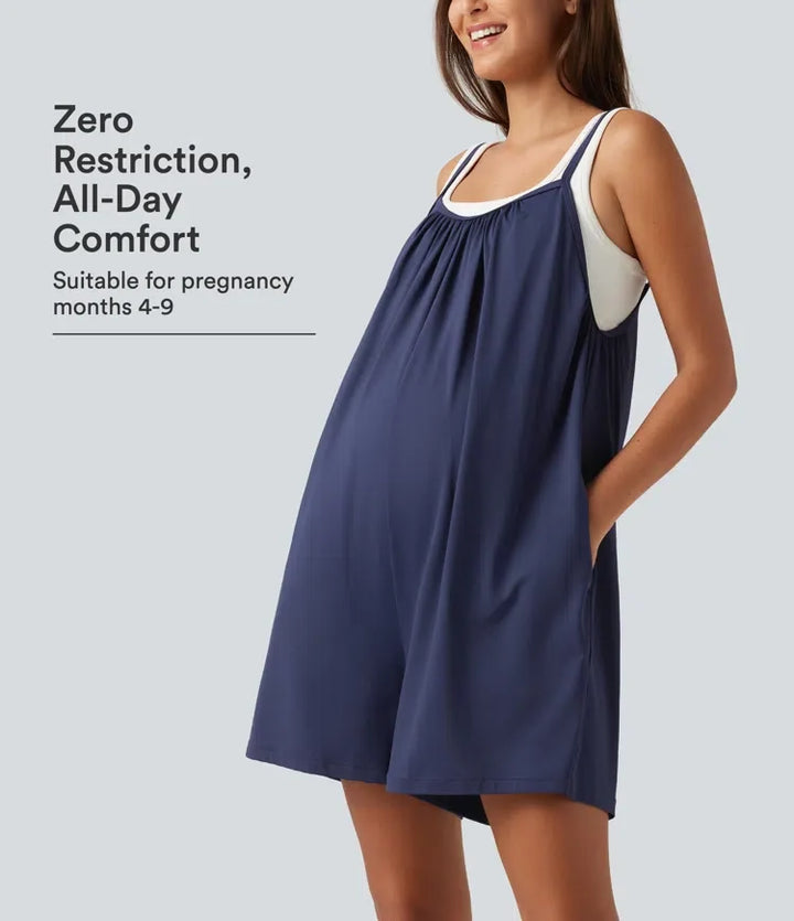 Spaghetti enfärgad vida ben vardaglig mamma playsuit med fickor