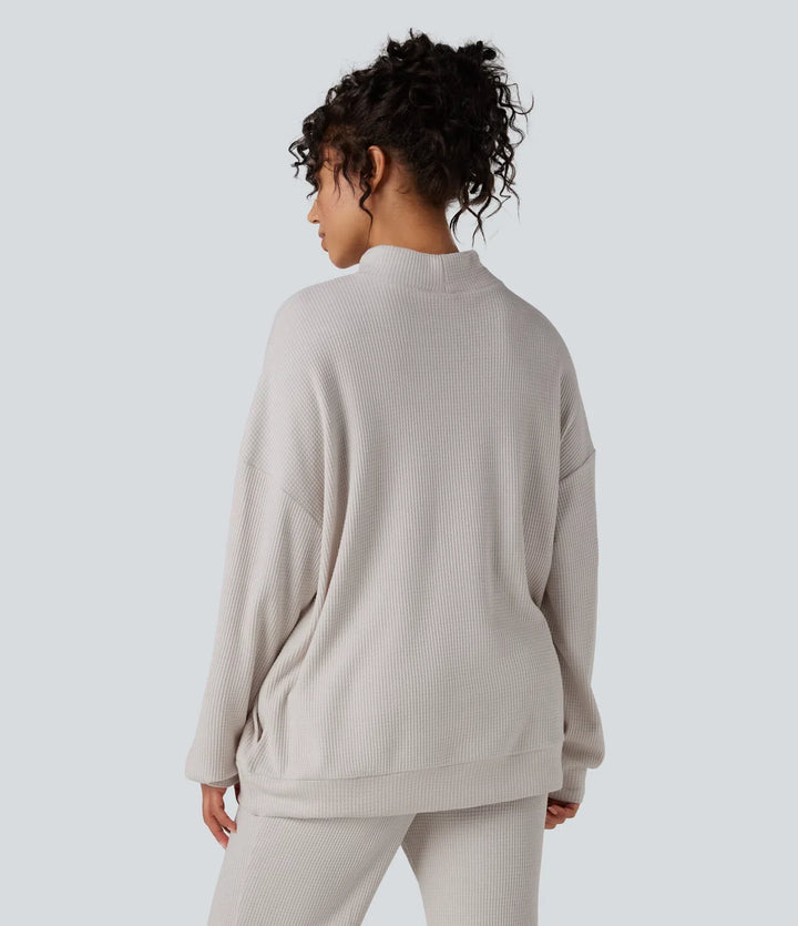 Halvpolo långärmad avslappnad våffelstruktur vardaglig sweatshirt med fickor
