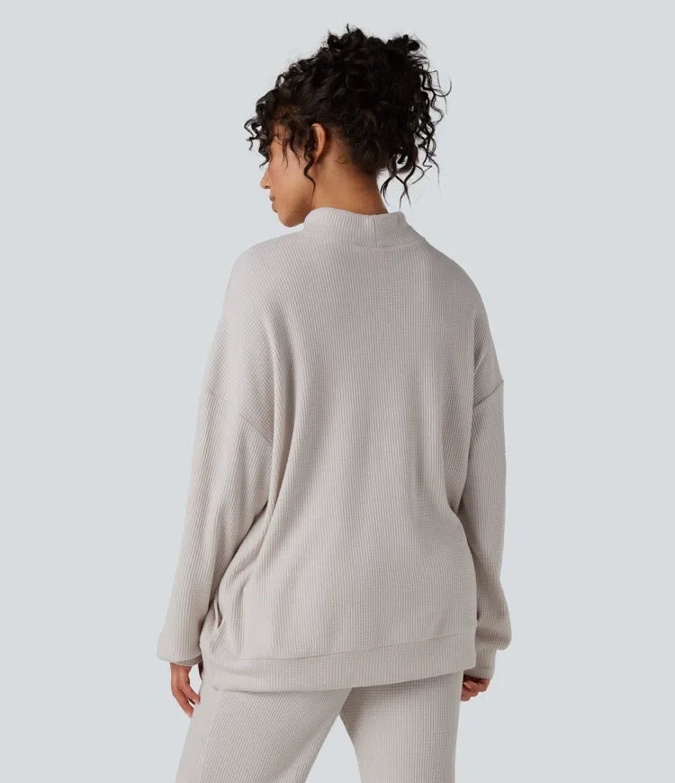 Halvpolo långärmad avslappnad våffelstruktur vardaglig sweatshirt med fickor
