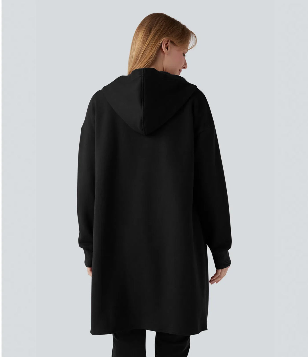 Med huva dragkedja långärmad rundad fåll lång modell vardaglig bomull sweatshirt med fickor