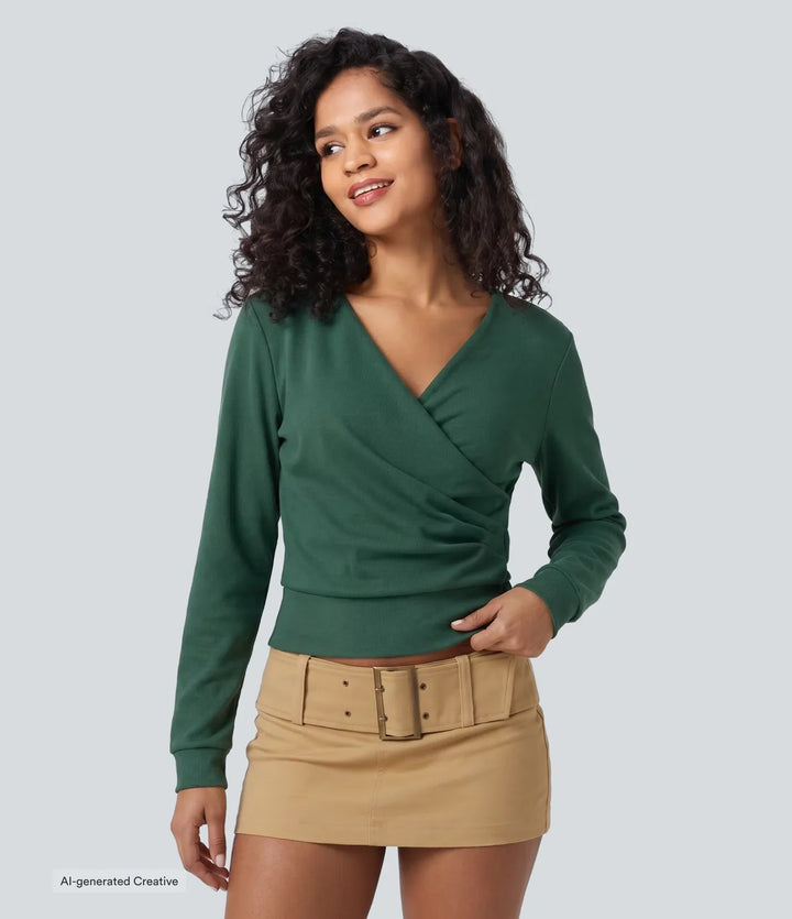 V-ringad långärmad crossover rynkat yoga sweatshirt