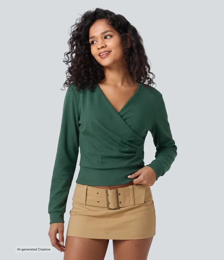 V-ringad långärmad crossover rynkat yoga sweatshirt