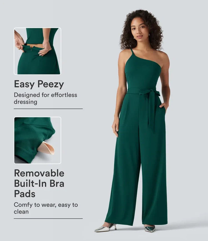 Enaxlad ärmlös bältad inbyggd BH fest jumpsuit med fickor- Easy Peezy