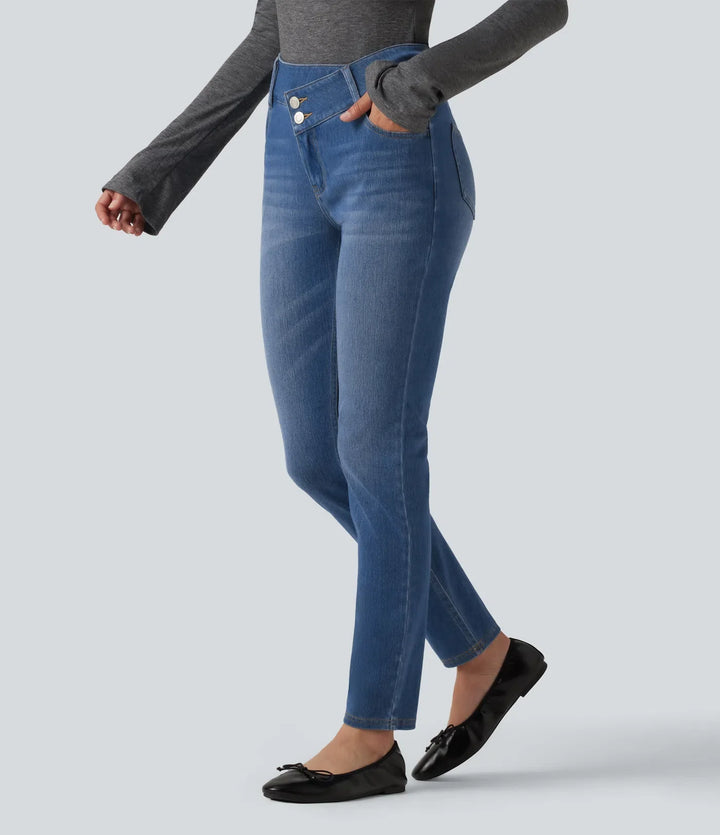 Lyckera Flex medelhög midja asymmetrisk vardaglig skinny jeans med fickor