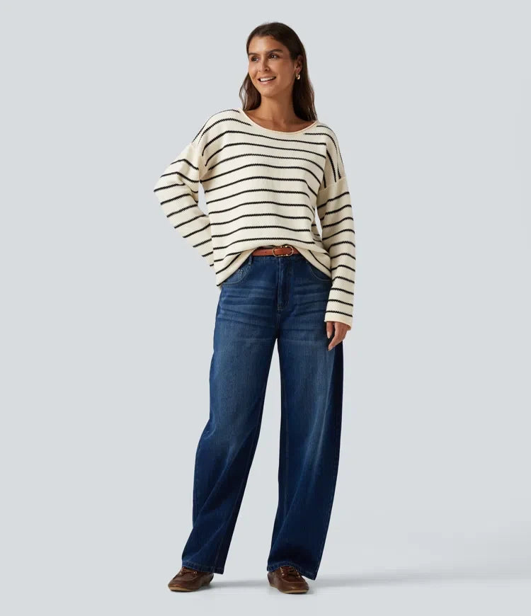 Båtringad långärmad randig upprullad fåll oversized vardaglig tröja
