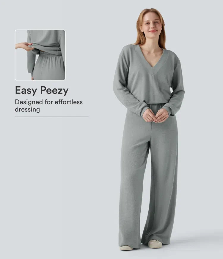 V-ringad långärmad dragsko vardaglig jumpsuit med fickor-Easy Peezy