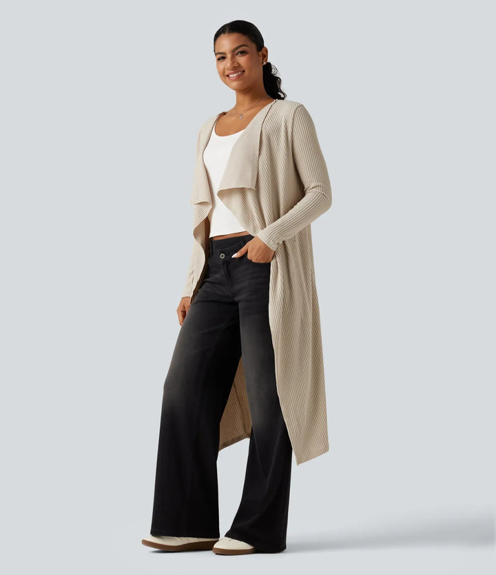 Ribbstickad öppen front långärmad vardaglig lång modell Waterfall cardigan med fickor