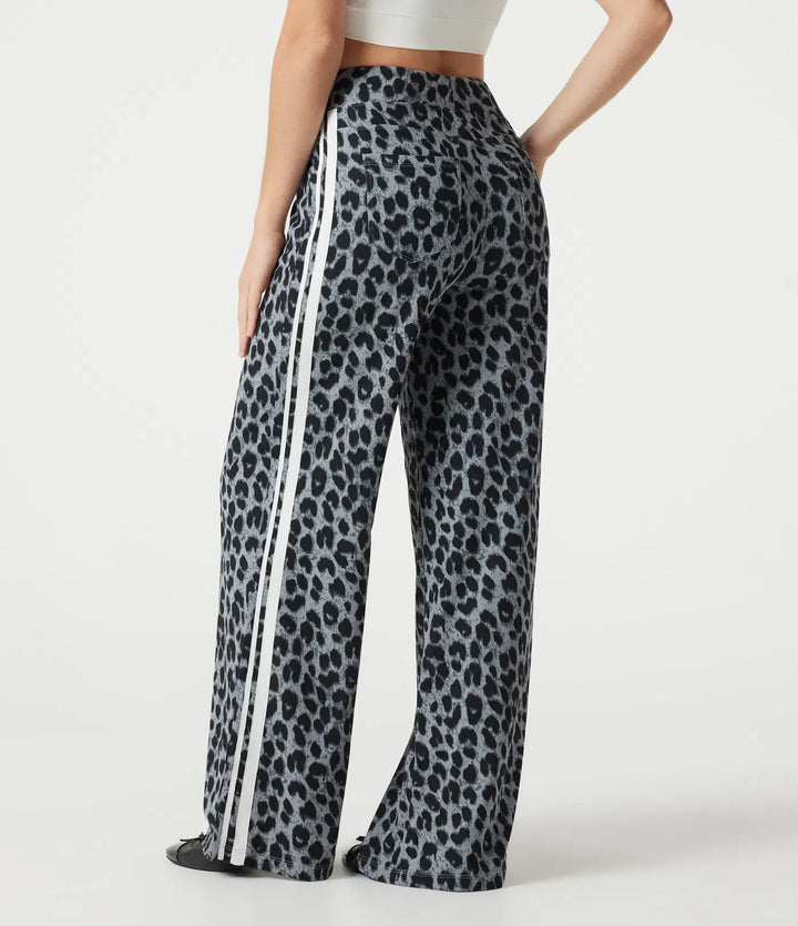 Högmidjad baggy färgblock leopardmönster våffelstruktur vardagsbyxor med fickor