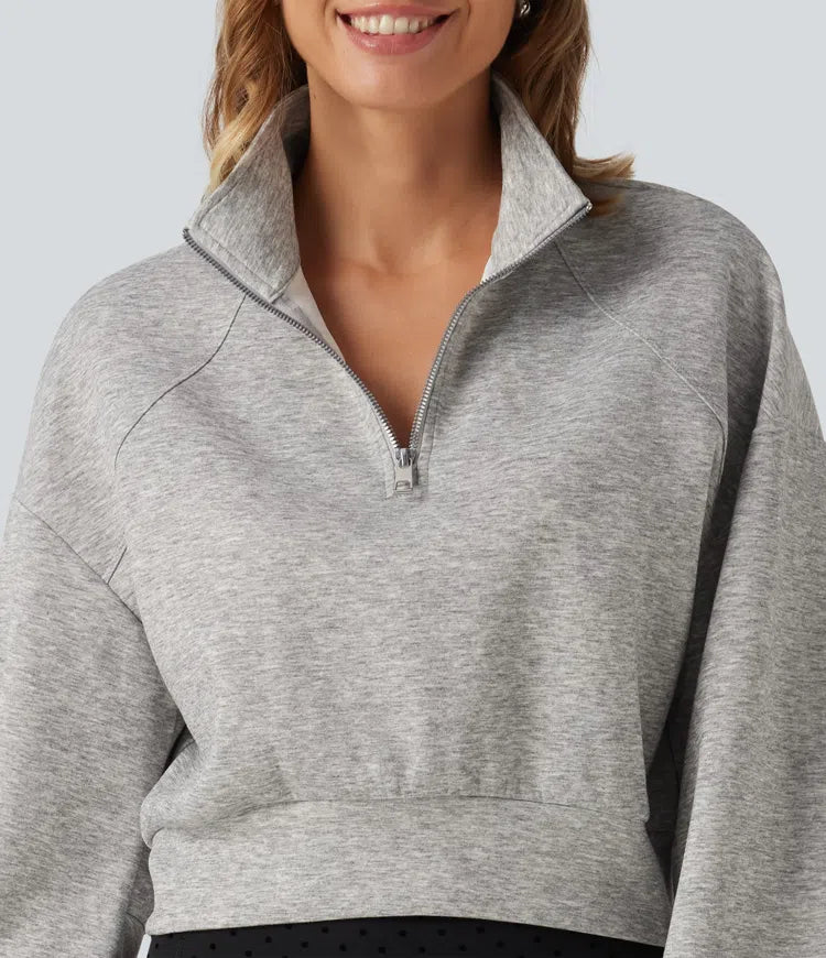 Ståkrage halv-dragkedja lång raglanärm vardaglig croppad sweatshirt