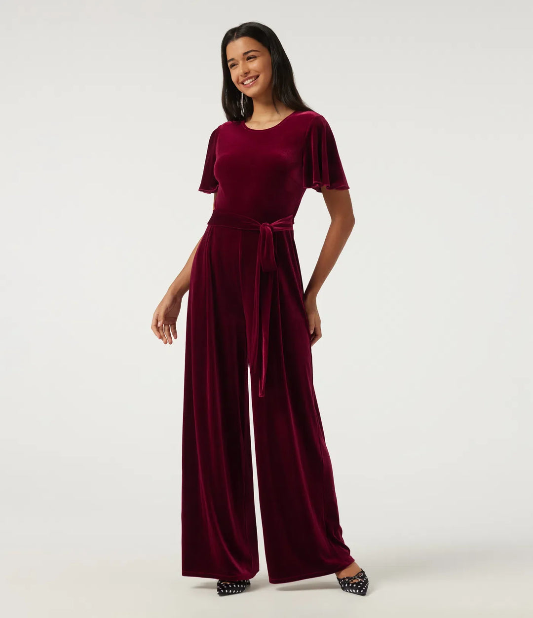 Rund hals volang kortärmad nyckelhålsrygg knytning fram sammet fest jumpsuit med fickor -Easy Peezy Edition