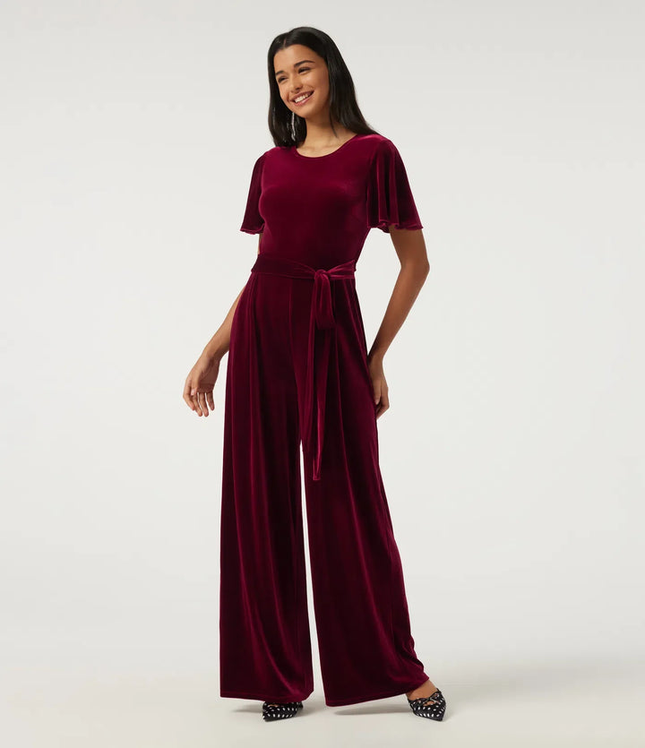 Rund hals volang kortärmad nyckelhålsrygg knytning fram sammet fest jumpsuit med fickor -Easy Peezy Edition