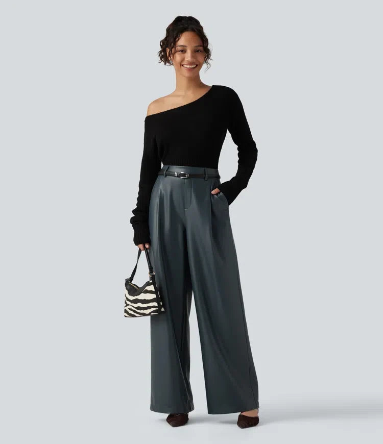 Med hög midja vida ben stretchig PU fleece vardagsbyxor med fickor