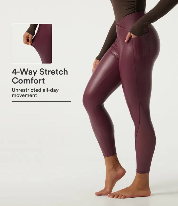 Högmidjad stretchig PU crossover kontrastmesh vardagsleggings med fickor