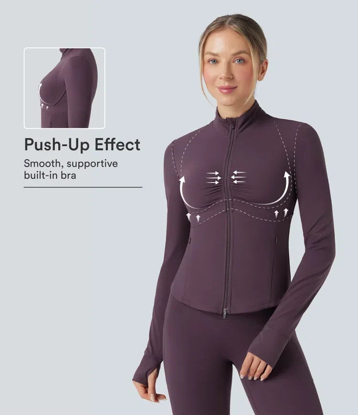 Lyckera UltraSculpt halvpolo rynkat push-upp långärmad tumhål yogajacka med fickor