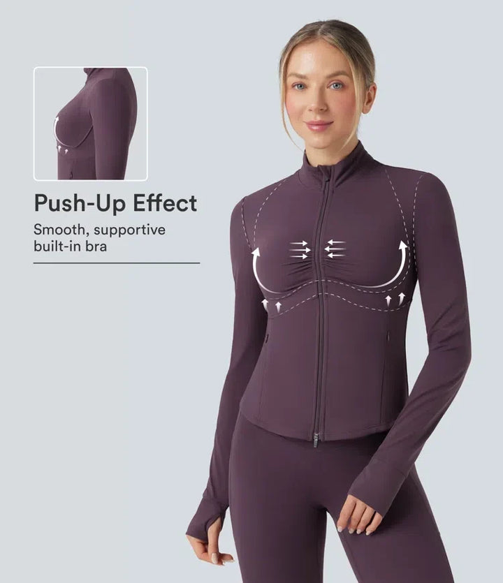 Lyckera UltraSculpt halvpolo rynkat push-upp långärmad tumhål yogajacka med fickor