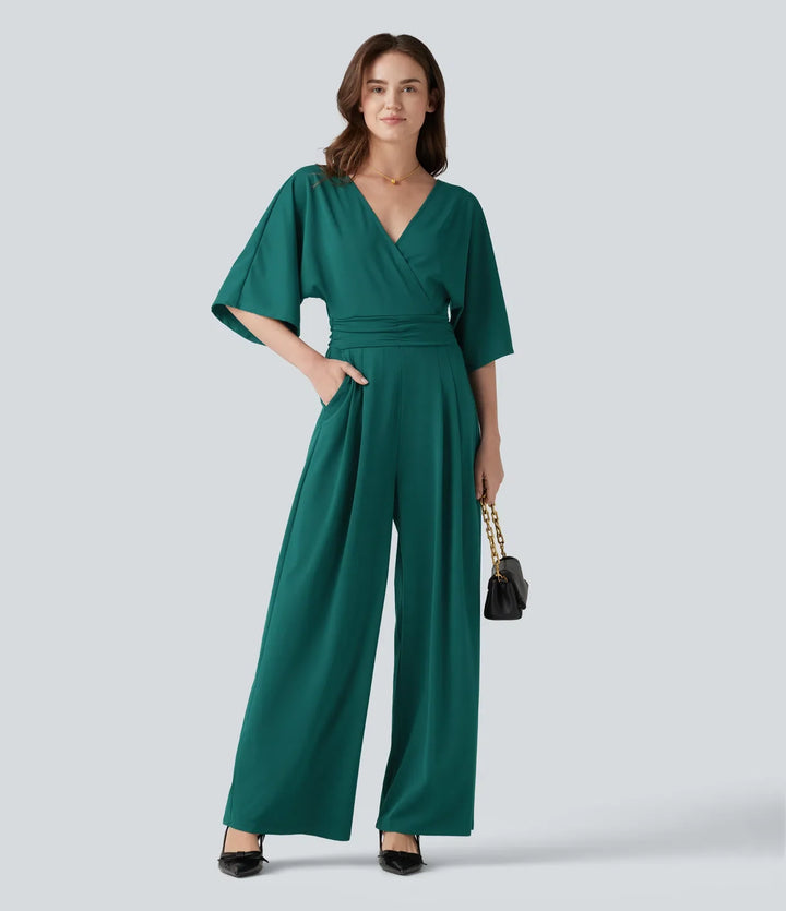 V-ringad halvlång ärm knytning i ryggen arbete baggy jumpsuit med fickor-Easy Peezy