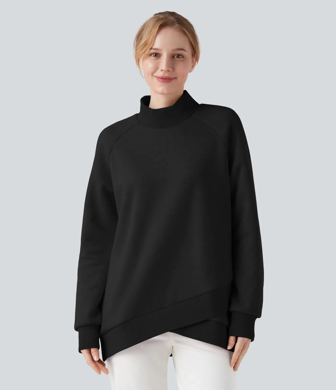 Halvpolo lång raglanärm crossover-fåll fleece vardaglig sweatshirt