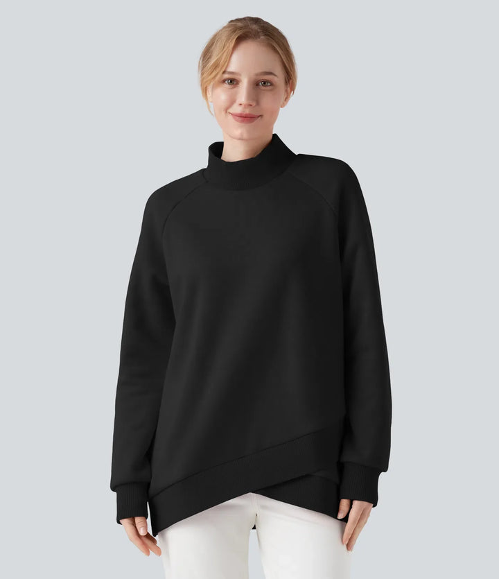 Halvpolo lång raglanärm crossover-fåll fleece vardaglig sweatshirt