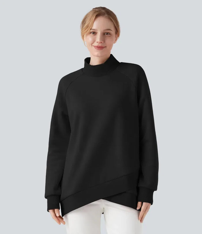 Halvpolo lång raglanärm crossover-fåll fleece vardaglig sweatshirt