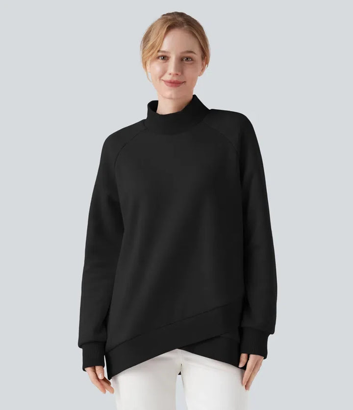 Halvpolo lång raglanärm crossover-fåll fleece vardaglig sweatshirt