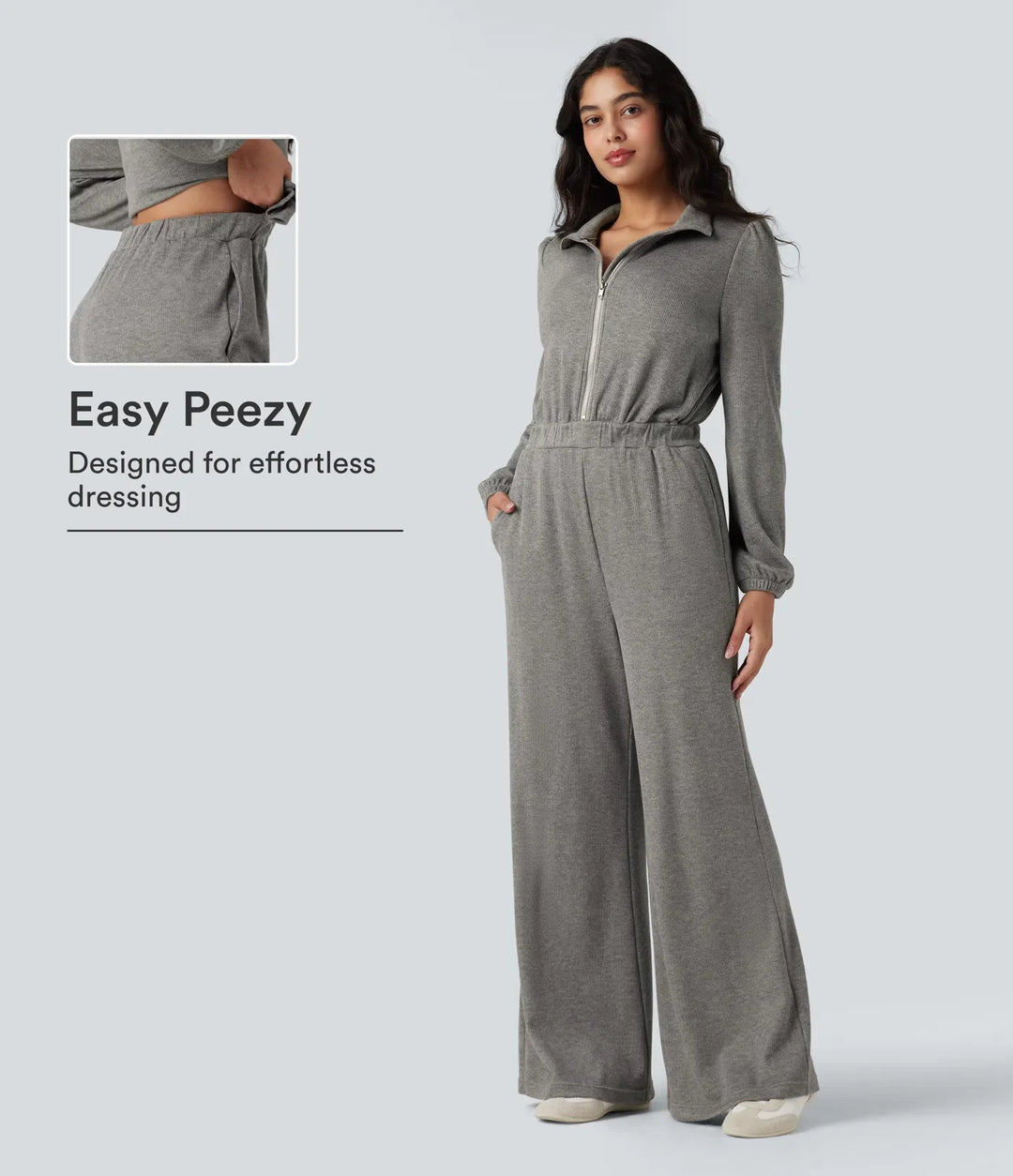 Halv dragkedja långärmad vida ben vardaglig jumpsuit med fickor-Easy Peezy Edition