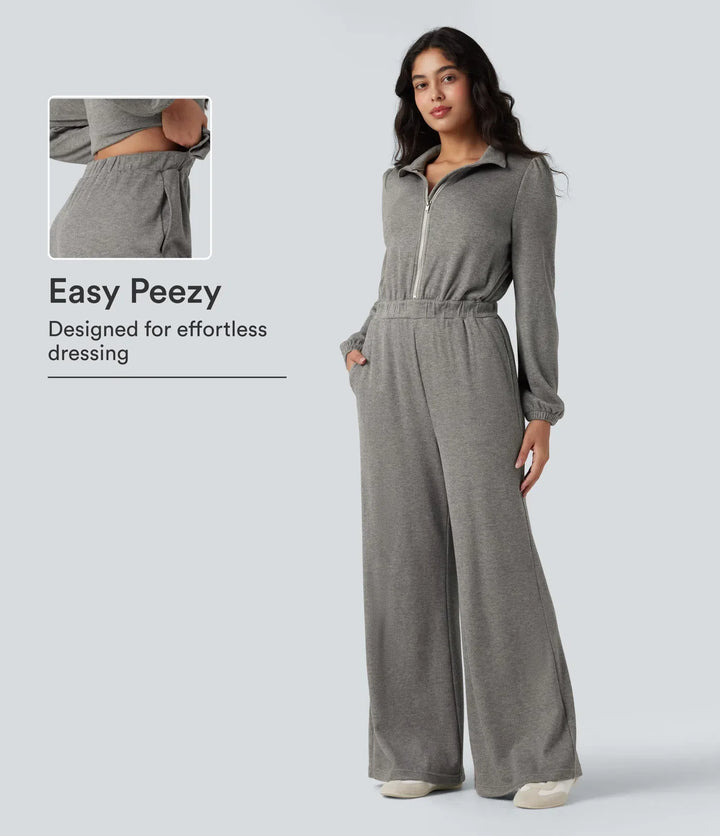 Halv dragkedja långärmad vida ben vardaglig jumpsuit med fickor-Easy Peezy Edition