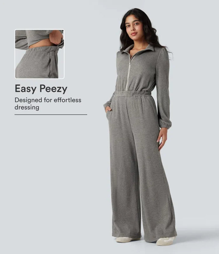 Halv dragkedja långärmad vida ben vardaglig jumpsuit med fickor-Easy Peezy Edition