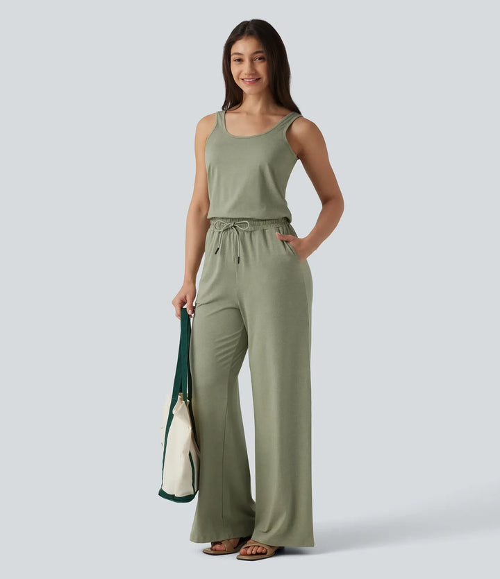 U-ringad ärmlös dragsko melerad vardaglig baggy jumpsuit med fickor-Easy Peezy