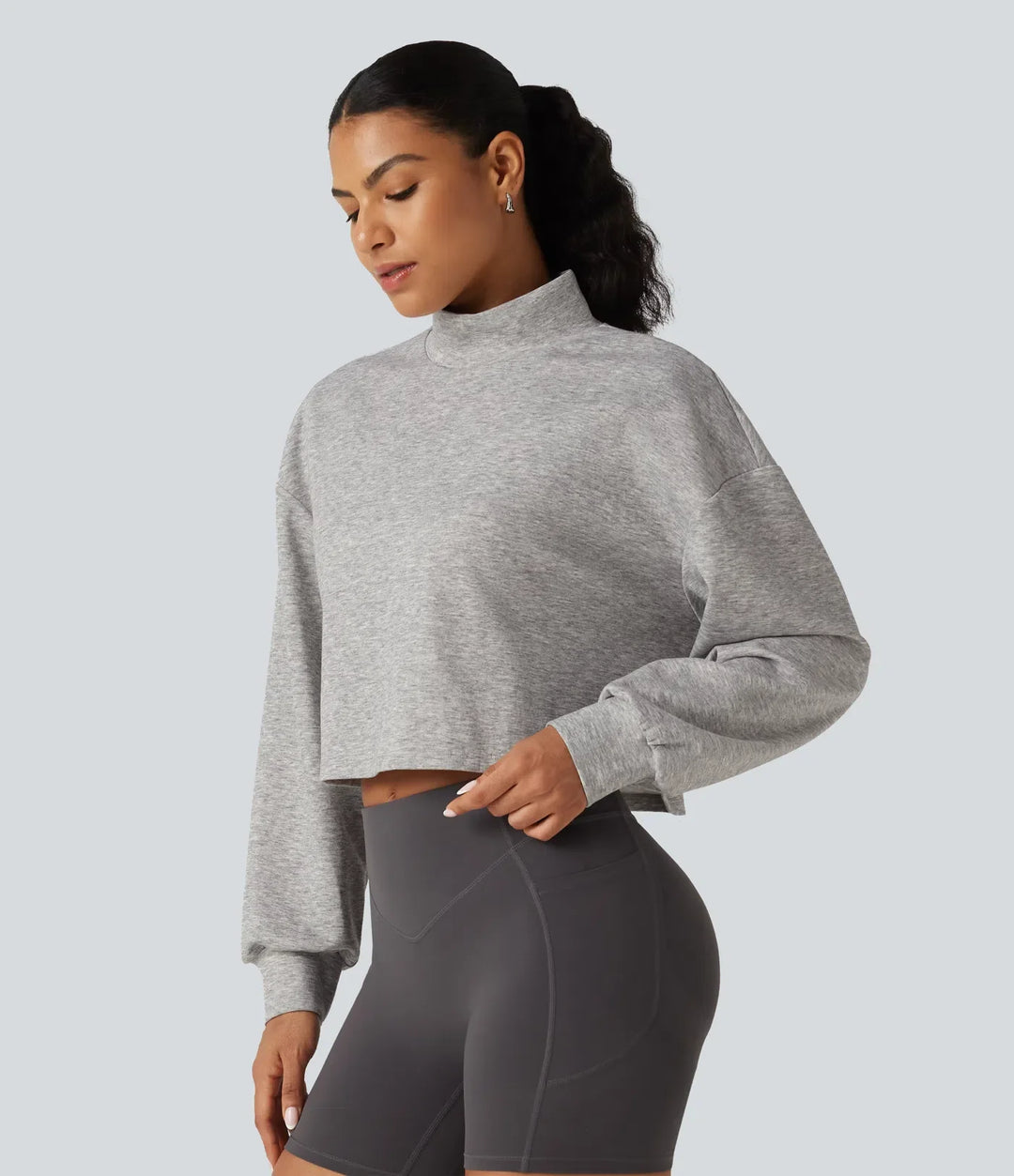 Halvpolo långärmad avslappnad croppad vardaglig sweatshirt