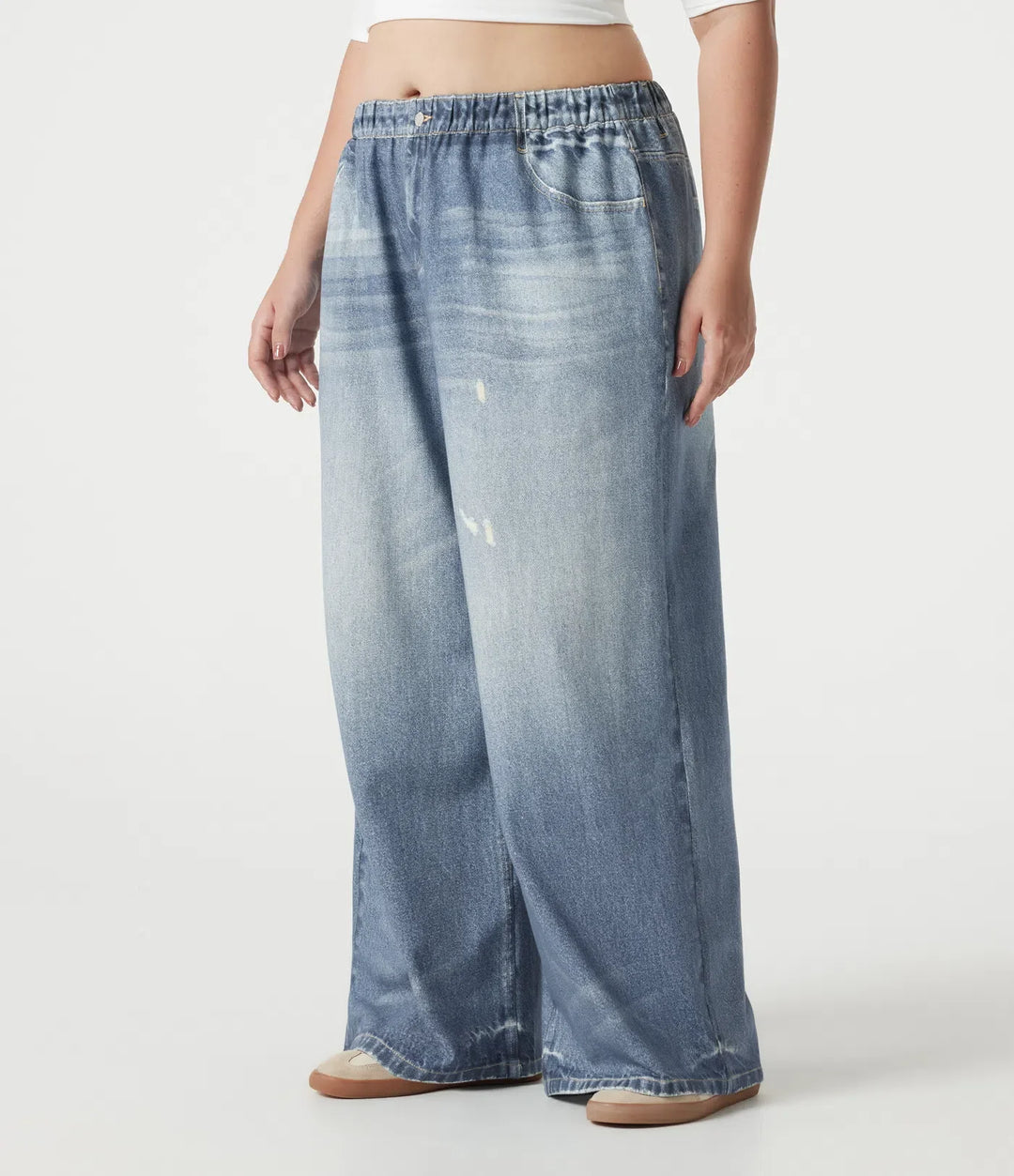 Plusstorlek medelhög midja denim mönster frotté vardaglig mjukisbyxor jeans med fickor