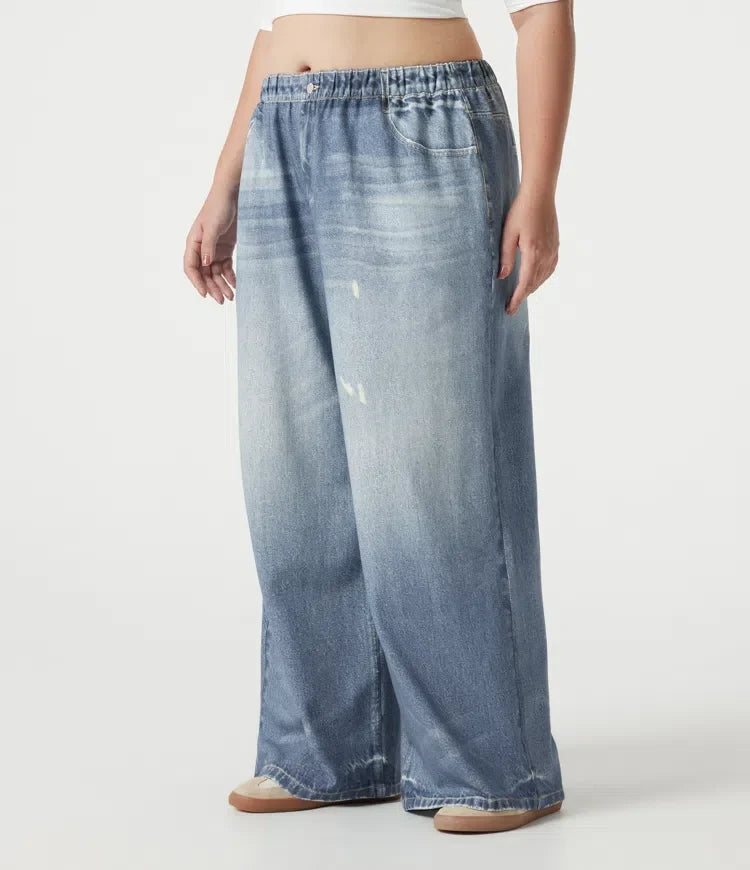Plusstorlek medelhög midja denim mönster frotté vardaglig mjukisbyxor jeans med fickor