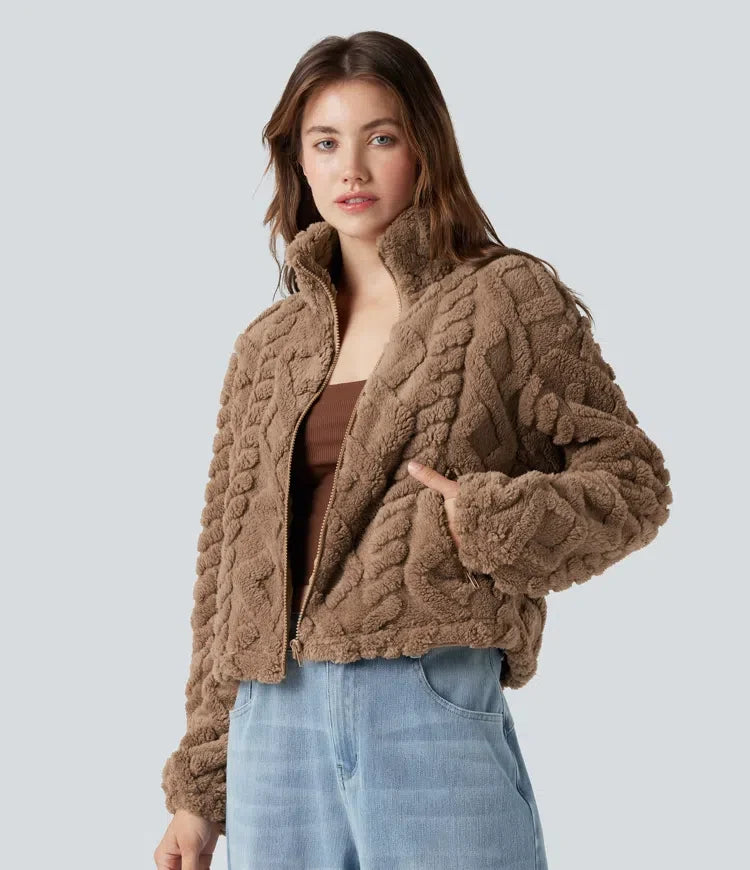 Hög hals dragkedjegylf vardaglig sherpajacka med fickor