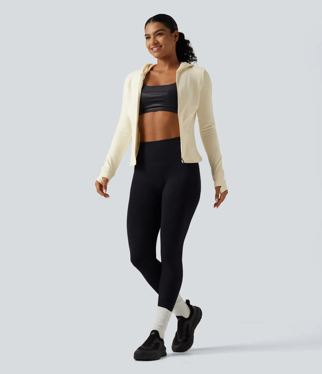Ståkrage långärmad fleece smal yoga träningsjacka med tumhål och fickor