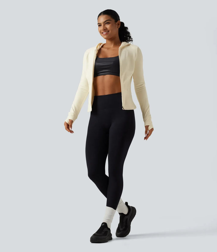 Ståkrage långärmad fleece smal yoga träningsjacka med tumhål och fickor