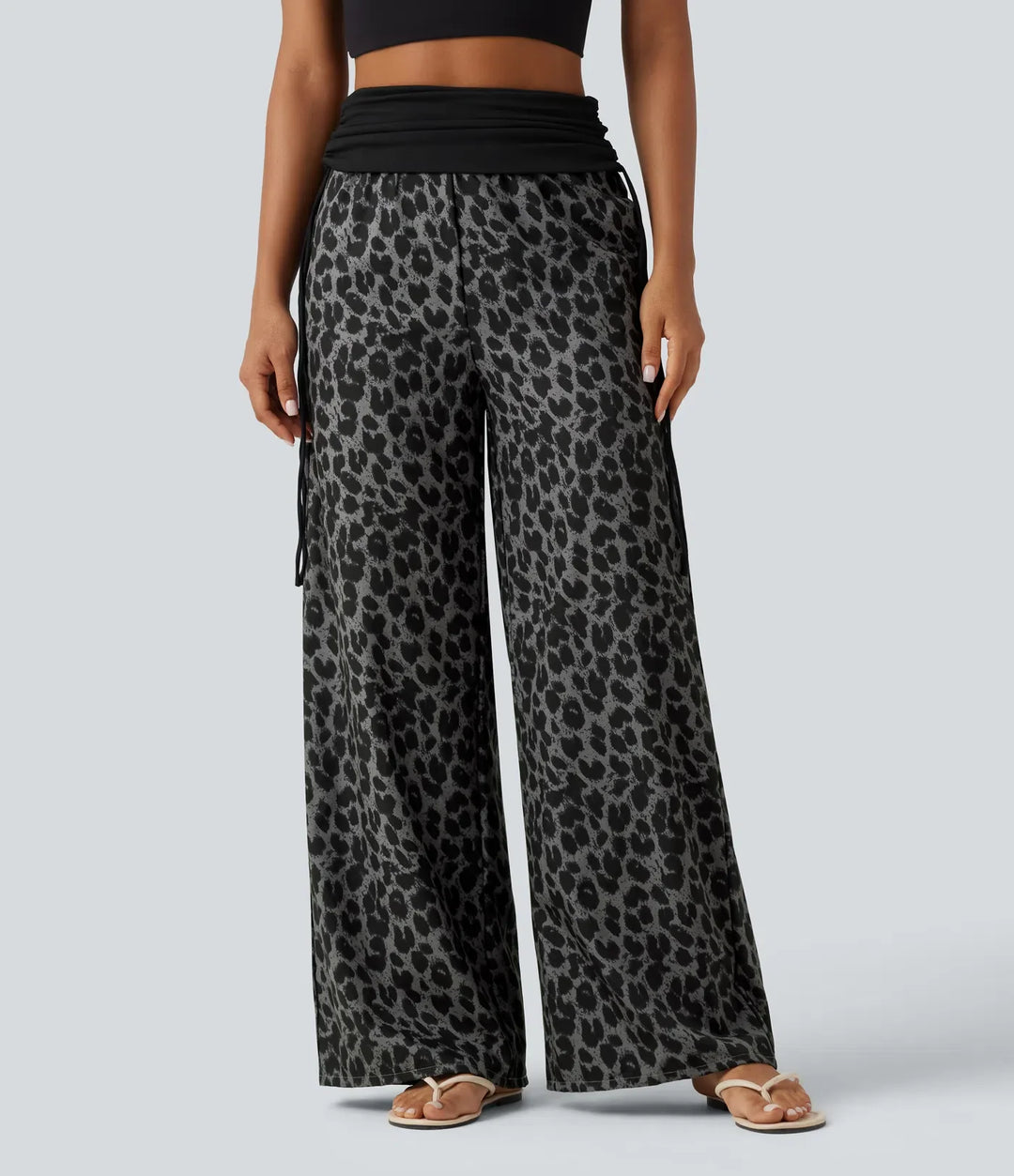 Vikbar midja med hög midja rynklad dragsko baggy leopardmönstrad vardagsbyxor med fickor